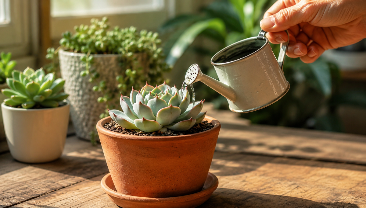 Person watering a healthy Echeveria succulent in a terracotta pot