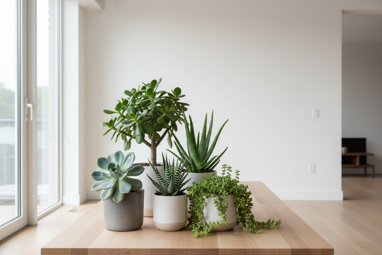 A collection of healthy succulent plants including Echeveria, Jade Plant, Haworthia, and Aloe Vera in ceramic pots, showcasing what succulent plants are and their unique water-storing leaves.