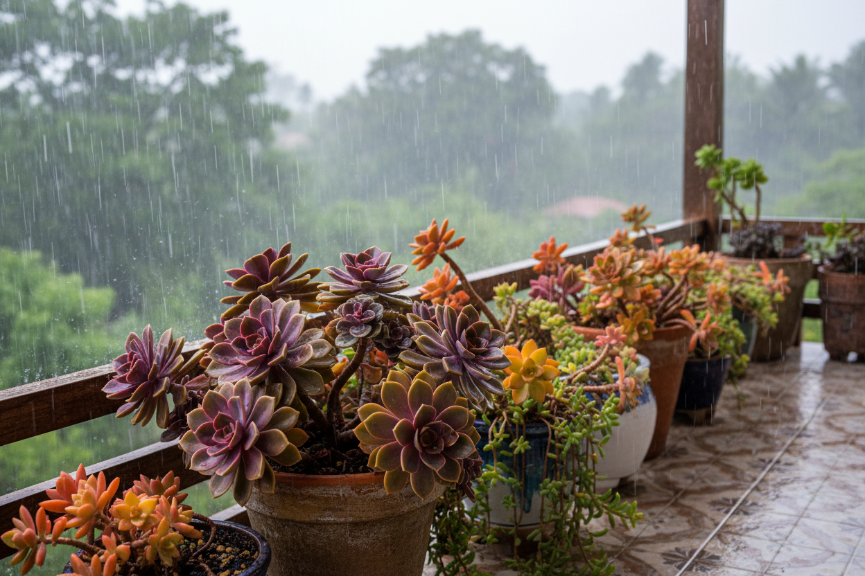 rainy days colorful succulents on window