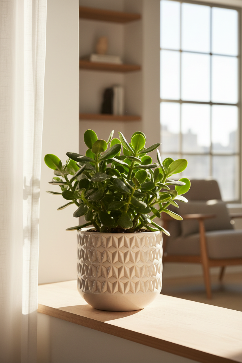Healthy Jade Plant in ceramic pot placed indoors near sunlight