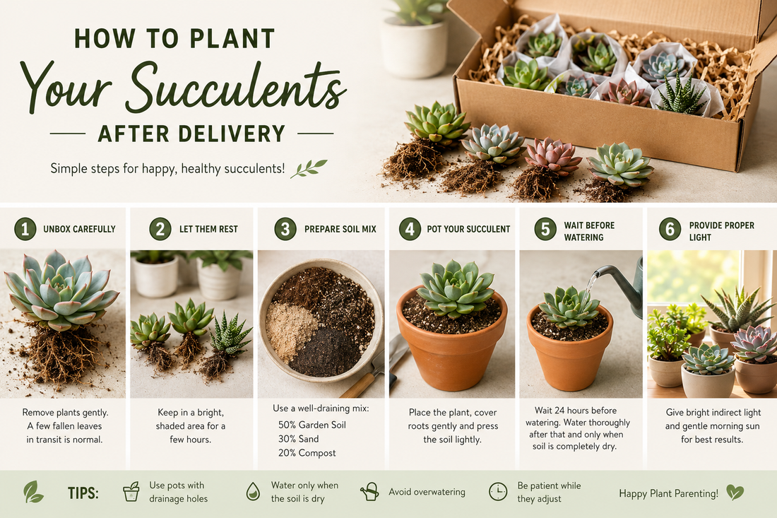 How to plant succulents after delivery using well-draining soil and proper watering techniques.