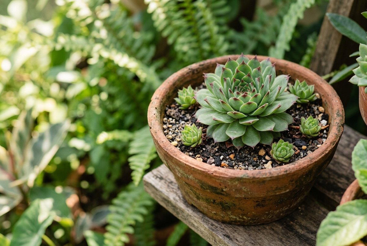 Laxmi Kamal succulent with a lotus-shaped rosette and baby offsets growing in a terracotta pot.