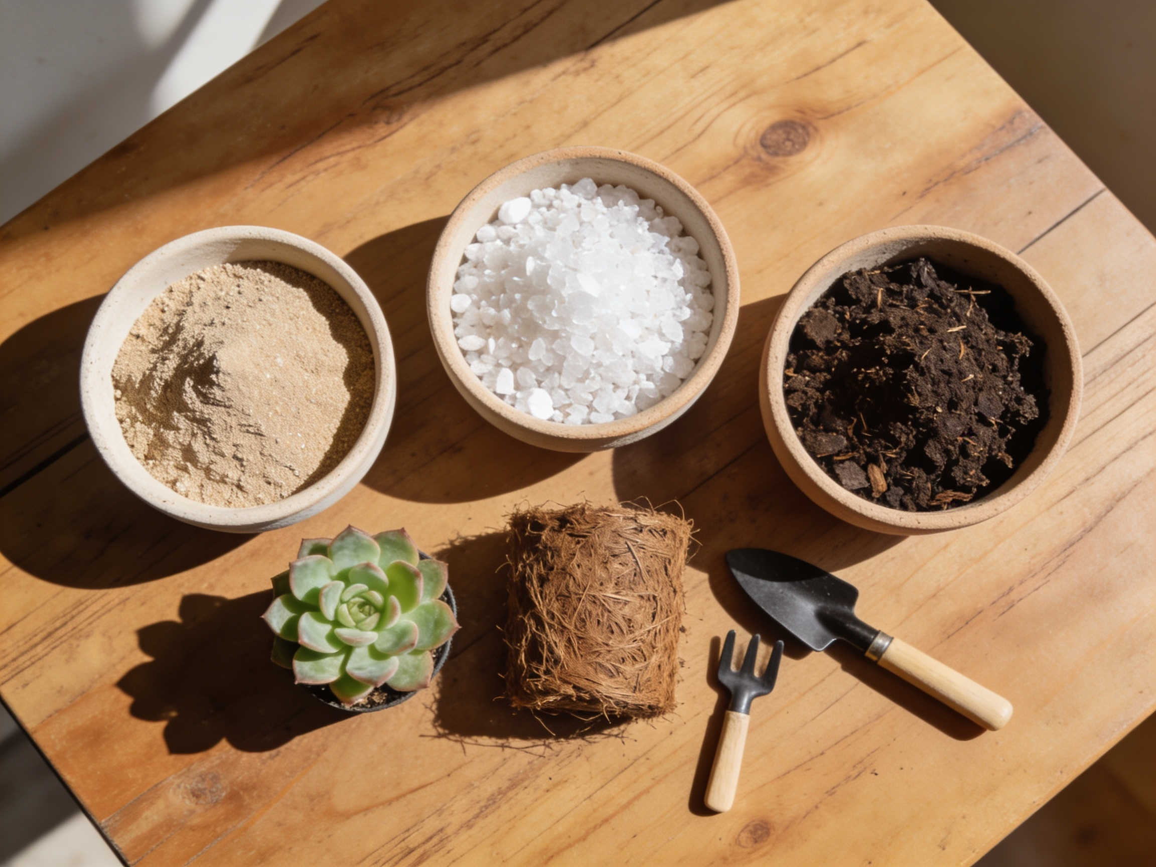 Ingredients used to make well-draining succulent soil mix including coarse sand, perlite, cocopeat, compost, and gardening tools arranged on a wooden surface.