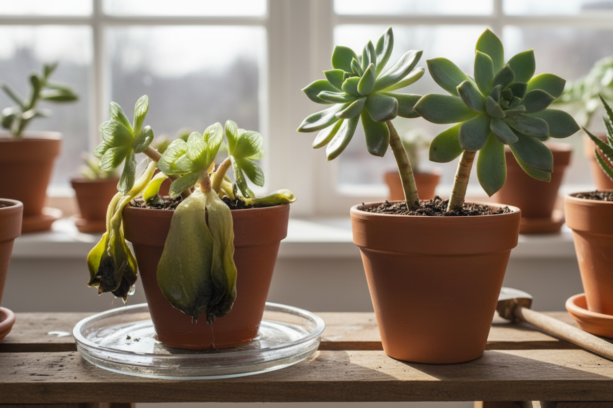 Overwatered succulent plant compared with healthy succulent.
