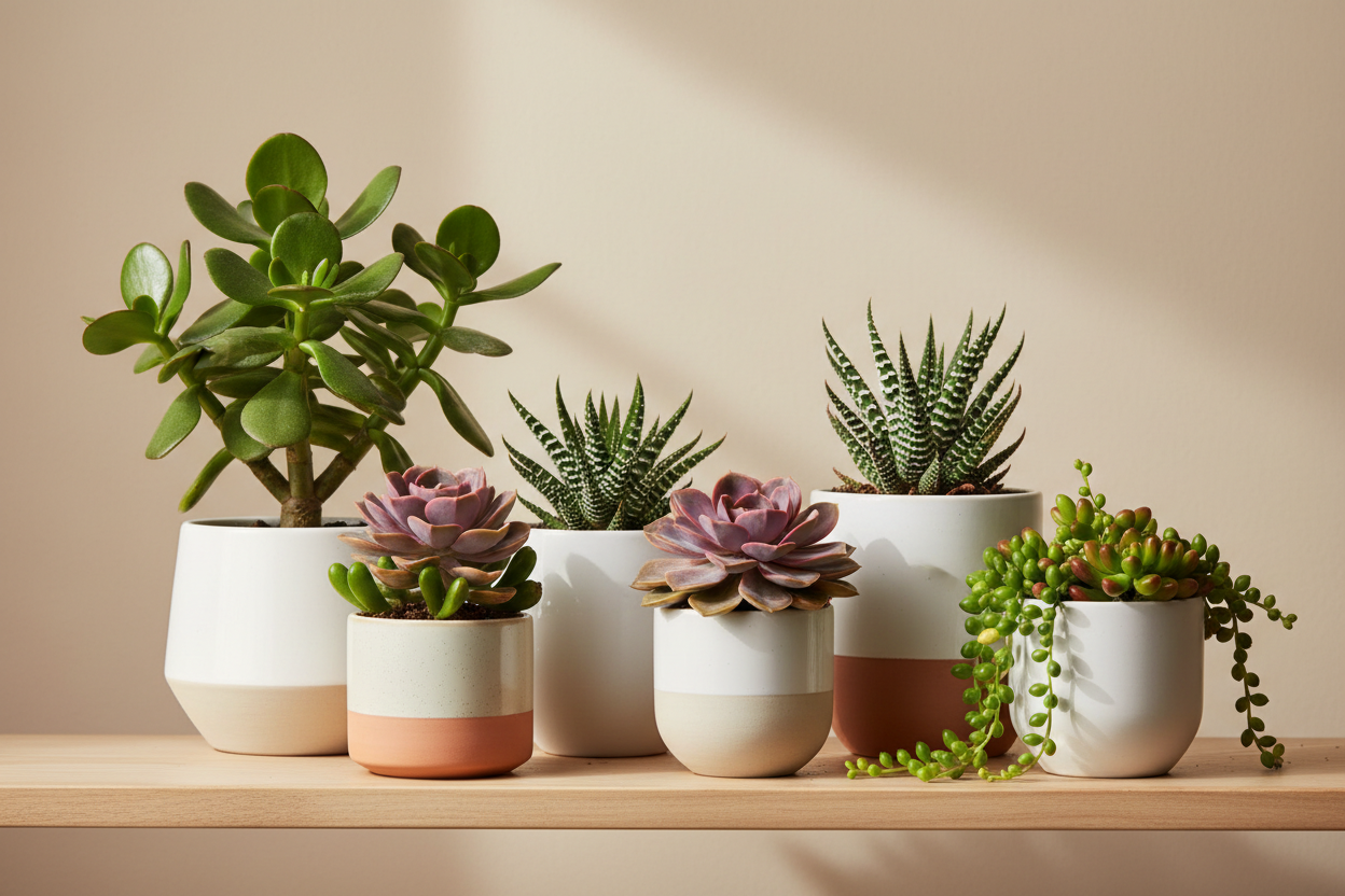 Best selling succulent plants online in India featuring Jade Plant, Haworthia, Echeveria and hanging succulents