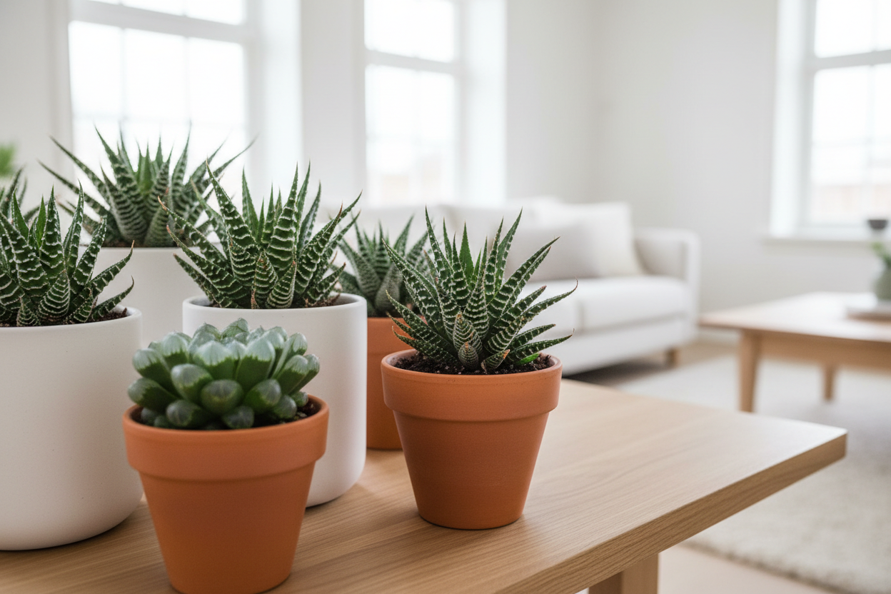 Healthy Haworthia succulent plants with distinctive white-striped green leaves in ceramic pots, perfect for indoor gardening and home décor in India.