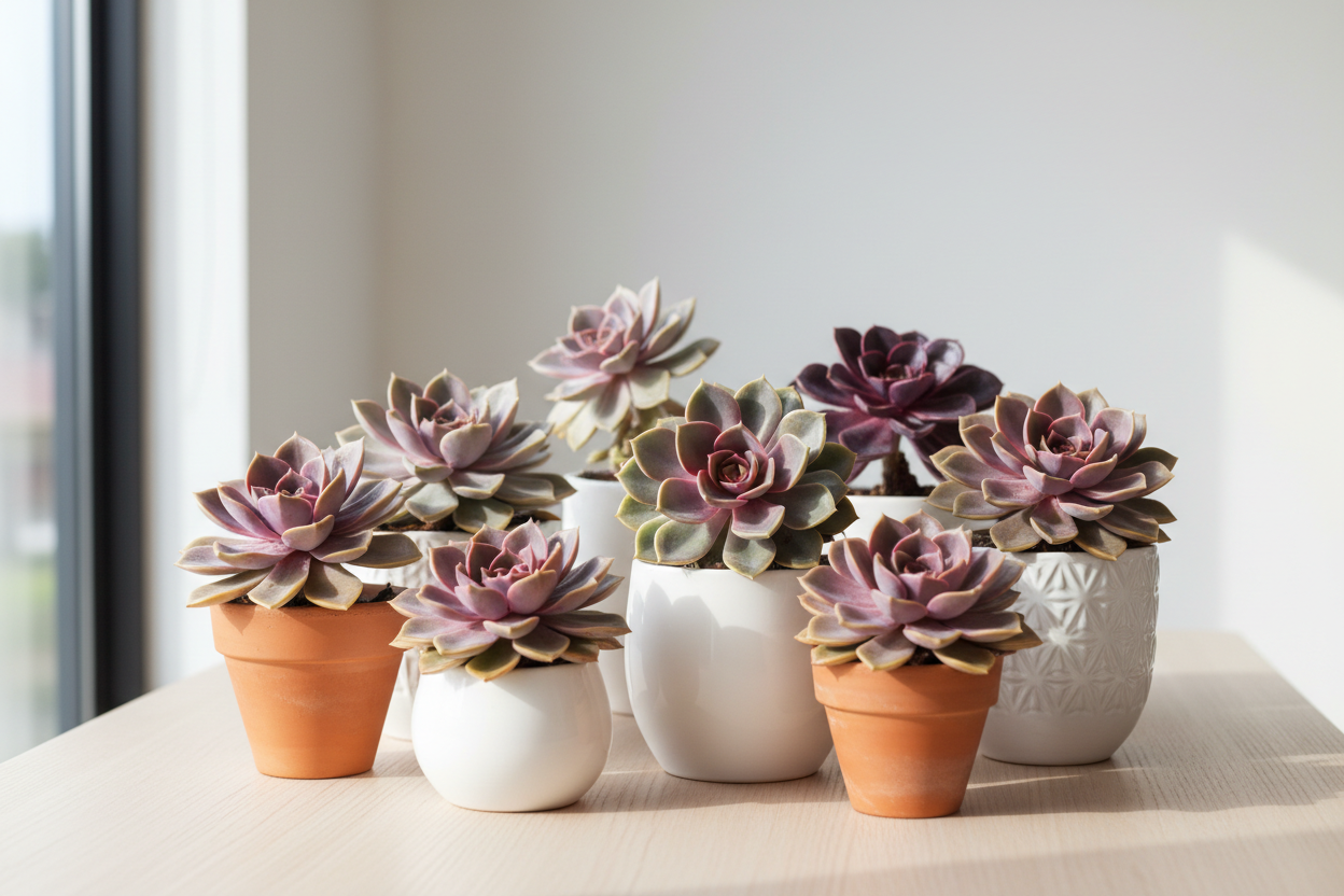 Colorful Echeveria succulent plants with rosette-shaped leaves in ceramic pots, ideal for indoor décor and home gardening in India.