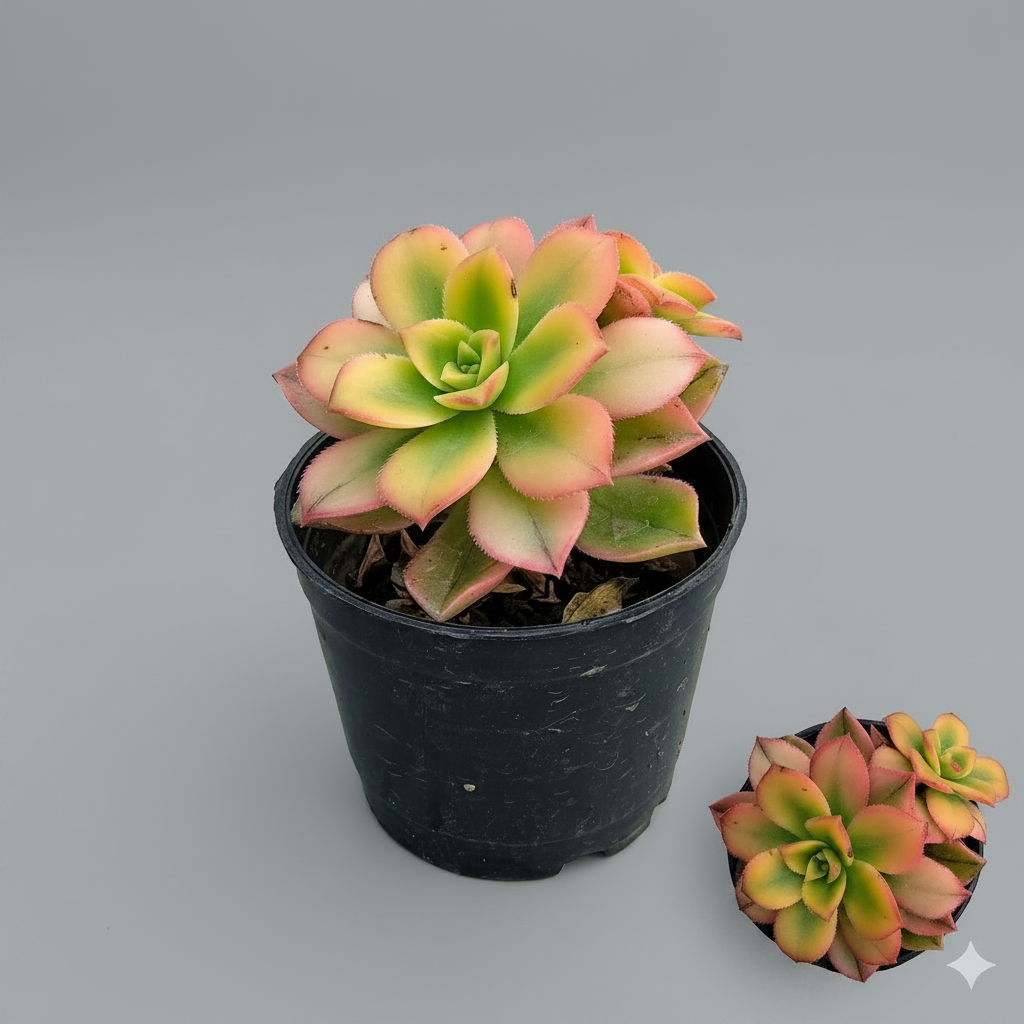 Potted succulent plant with a smaller inset image on a gray background