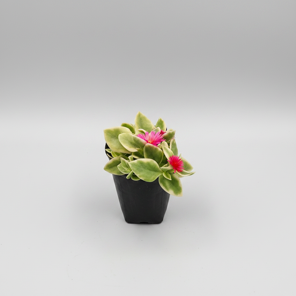 Variegated Baby Sunrose succulent with pink-edged green leaves growing densely in a decorative pot