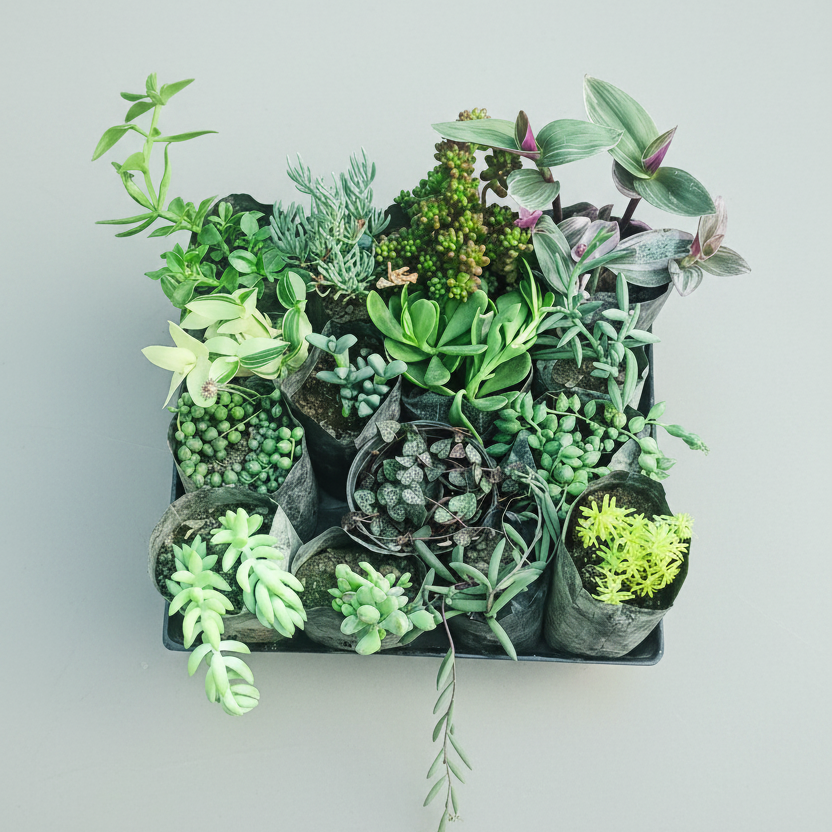 Collection of various small potted succulents and green plants on a wire rack.
