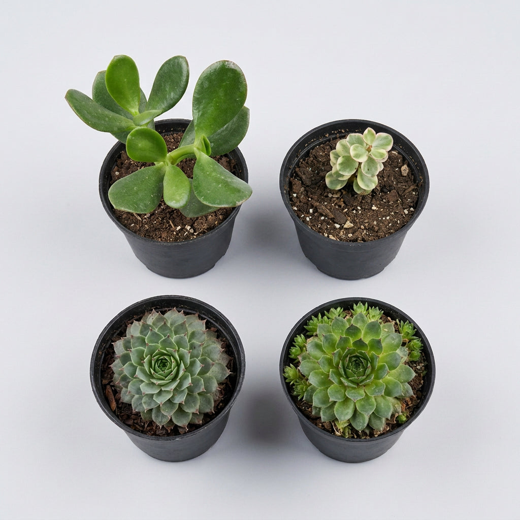 Divine prosperity succulent combo of four plants featuring two Laxmi Kamal varieties, Crassula Ovata Lucky Jade and I Jade