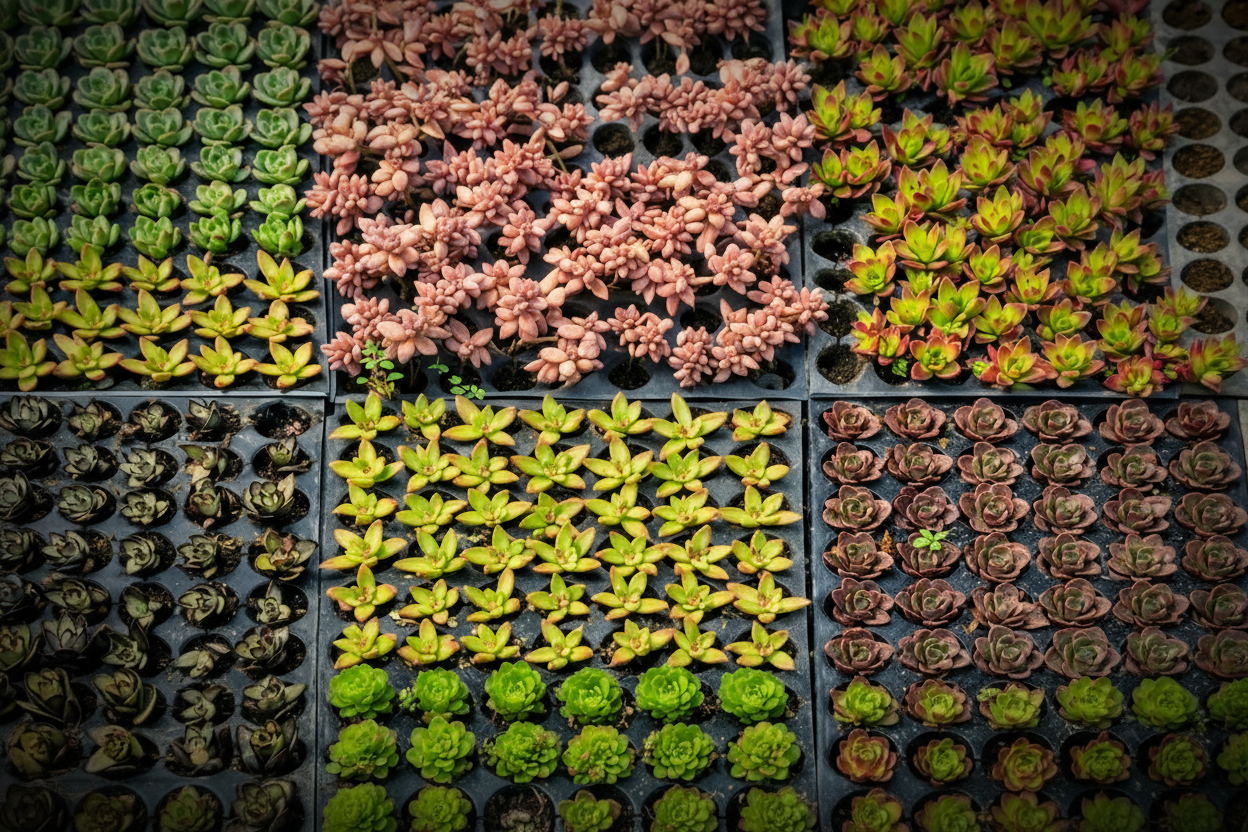 assorted colorful succulent plants growing in nursery trays